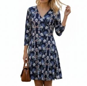 Modcloth Fit N Flare Dress Size XL Navy Floral Pullover Surplice Neck 3/4 Sleeve